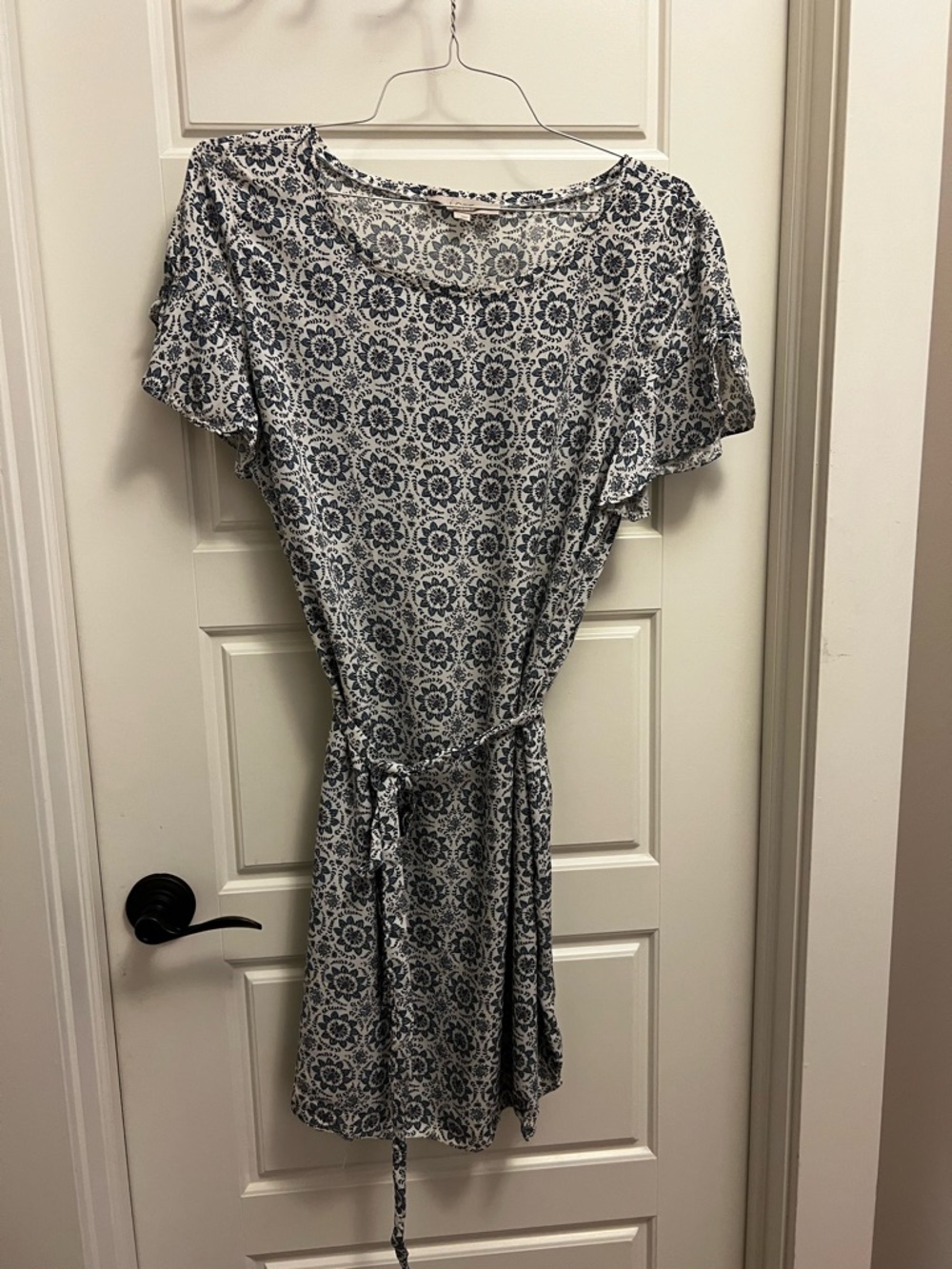 LOFT Blue and White Printed Tie-Waist Mini Dress